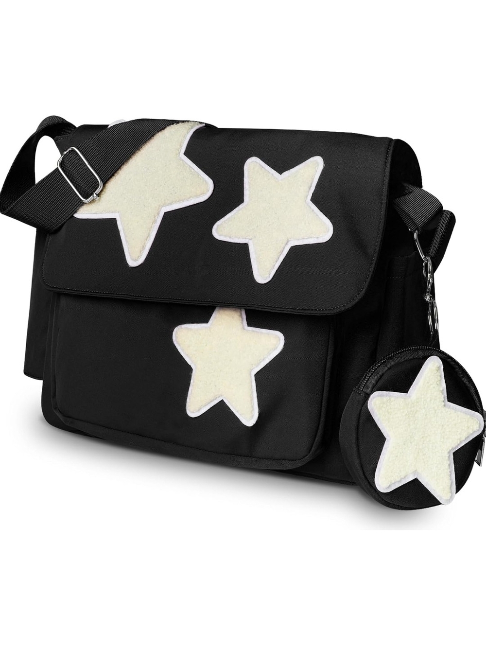 Black Crossbody Messenger Bag with Cream Star Appliqués